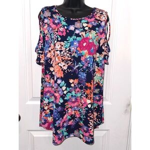Heimish colorful flower print top with shoulder cutouts